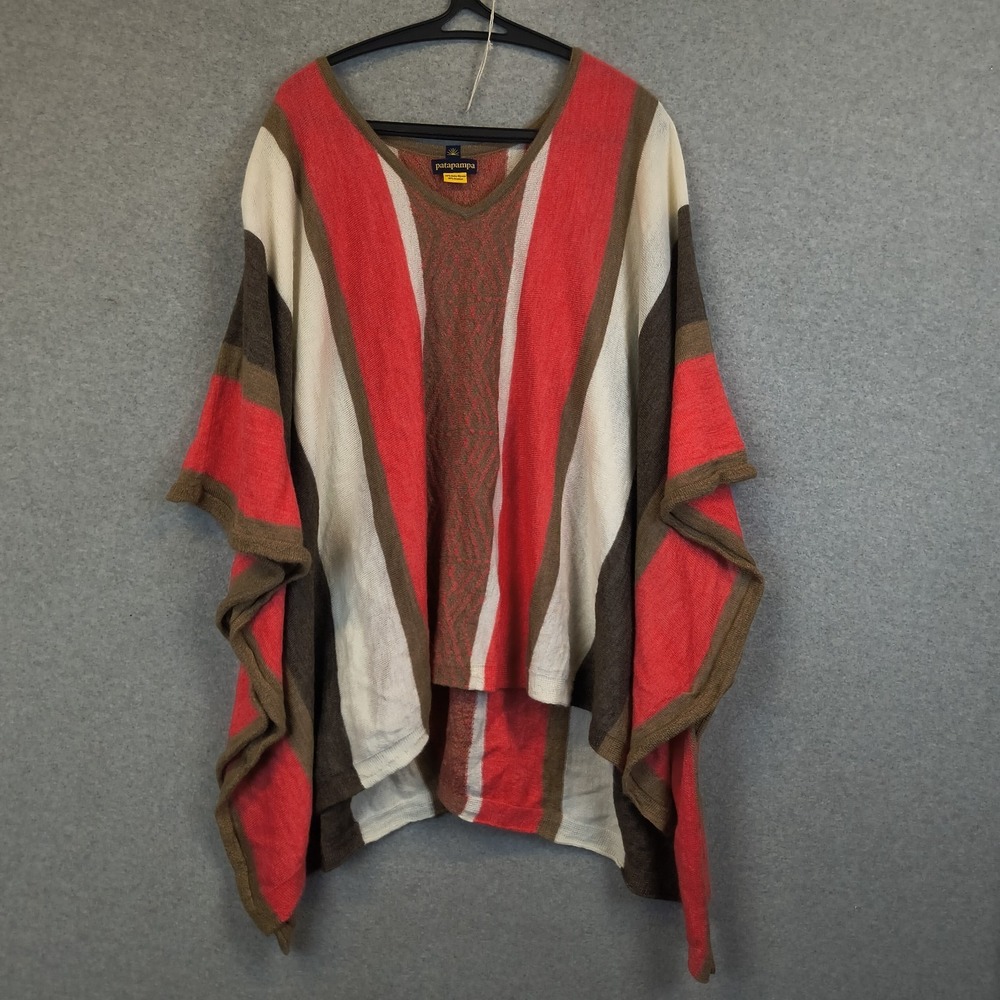 Patapampa Poncho Womens Red Brown Striped Alpaca Bamboo Made In Peru V Neck Boho